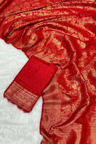 Red top dyed weaving soft silk blend saree with blouse