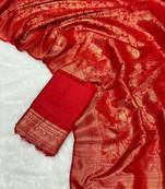 Red top dyed weaving soft silk blend saree with blouse