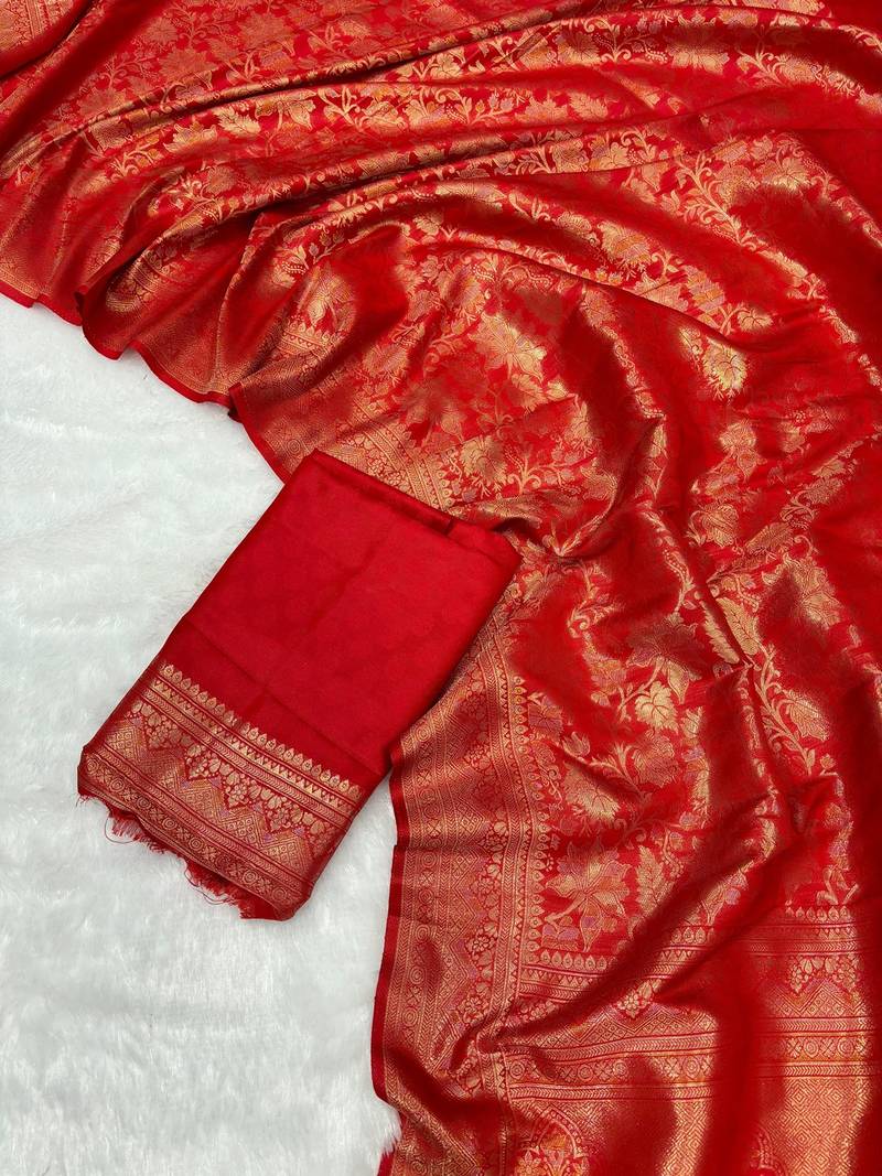 Red top dyed weaving soft silk blend saree with blouse