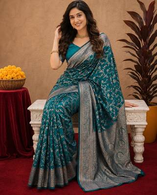 Turuoise art silk blend banarasi jacuard work saree with unstitched blouse piece 4