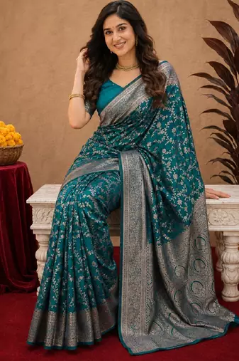 Turuoise art silk blend banarasi jacuard work saree with unstitched blouse piece