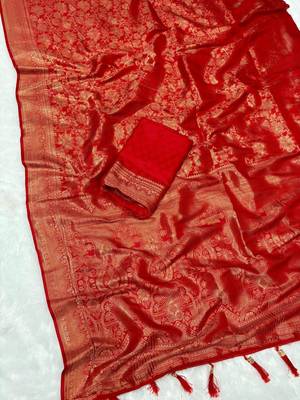 Red top dyed weaving soft silk blend saree with blouse 2