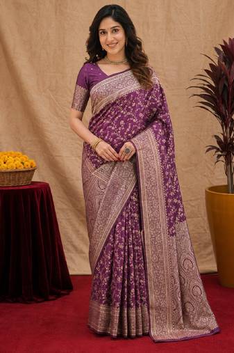 Wine art silk blend banarasi jacuard work saree with unstitched blouse piece