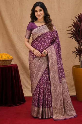 Wine art silk blend banarasi jacuard work saree with unstitched blouse piece