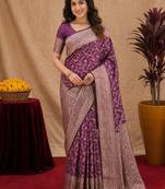 Wine art silk blend banarasi jacuard work saree with unstitched blouse piece