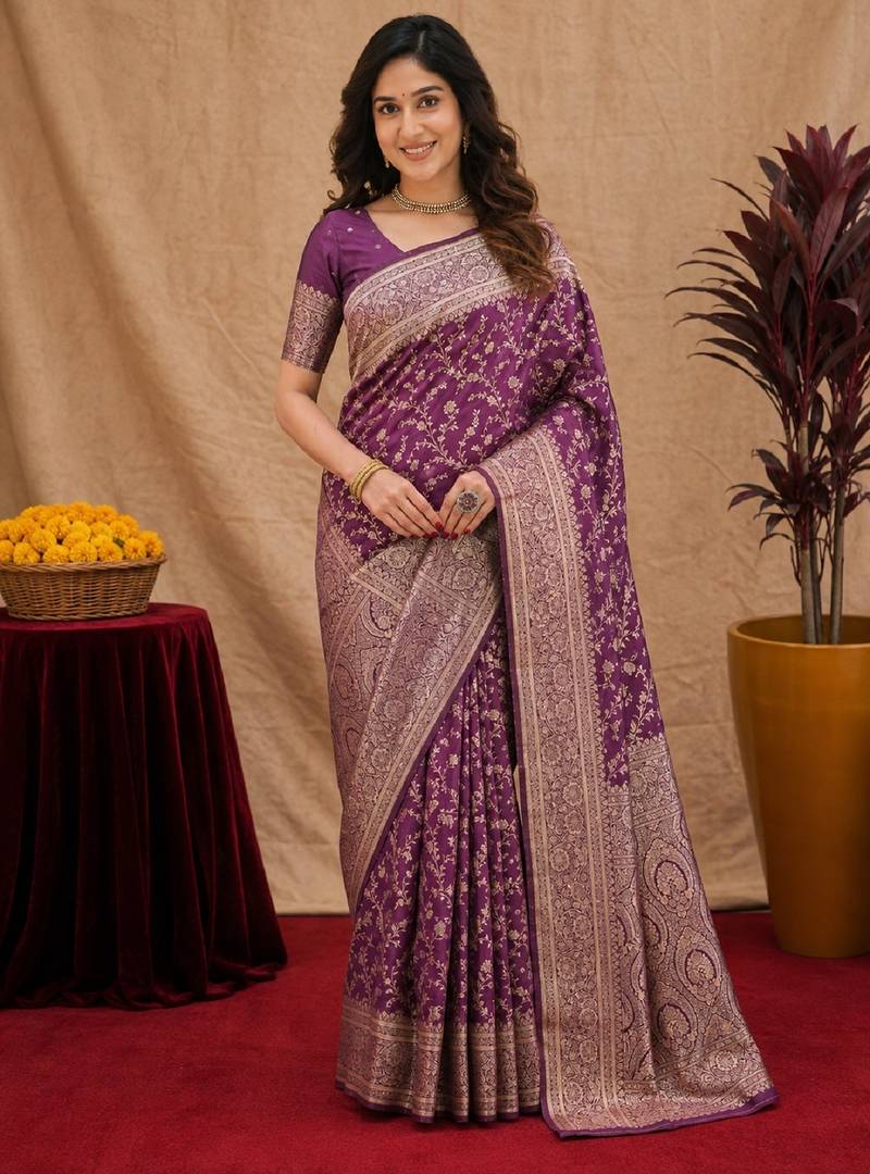Wine art silk blend banarasi jacuard work saree with unstitched blouse piece