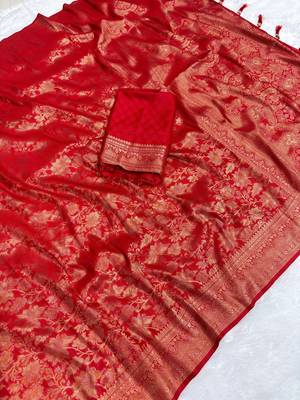 Red top dyed weaving soft silk blend saree with blouse 4