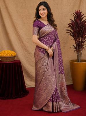 Wine art silk blend banarasi jacuard work saree with unstitched blouse piece 2