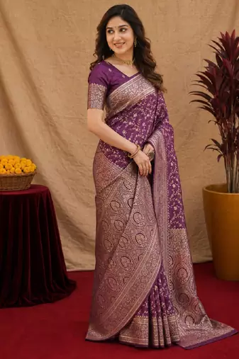 Wine art silk blend banarasi jacuard work saree with unstitched blouse piece