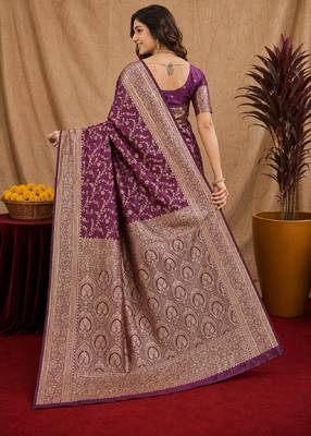 Wine art silk blend banarasi jacuard work saree with unstitched blouse piece 3