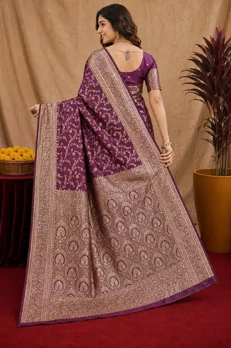 Wine art silk blend banarasi jacuard work saree with unstitched blouse piece
