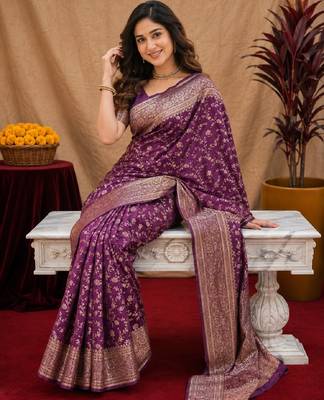 Wine art silk blend banarasi jacuard work saree with unstitched blouse piece 4
