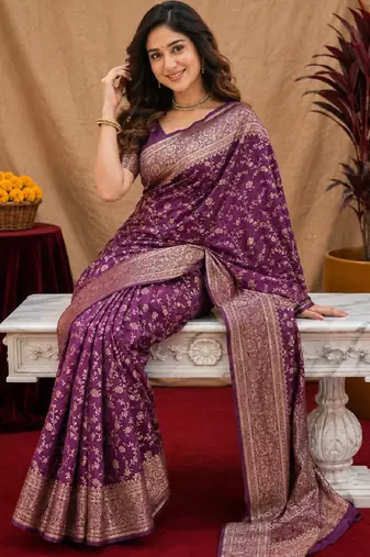 Wine art silk blend banarasi jacuard work saree with unstitched blouse piece