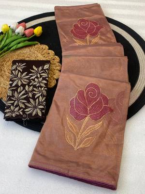Chikoo foil work twill net saree with blouse 1