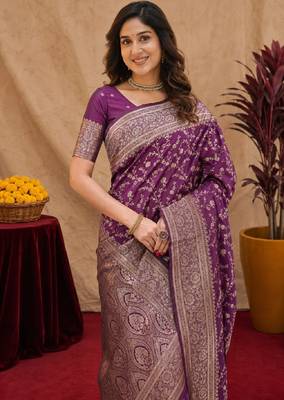 Wine art silk blend banarasi jacuard work saree with unstitched blouse piece 5
