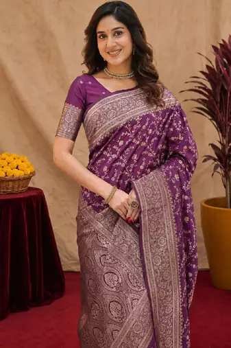 Wine art silk blend banarasi jacuard work saree with unstitched blouse piece