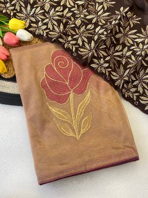 Chikoo foil work twill net saree with blouse 2