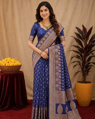 Blue art silk blend banarasi jacuard work saree with unstitched blouse piece 1