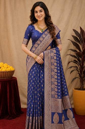 Blue art silk blend banarasi jacuard work saree with unstitched blouse piece