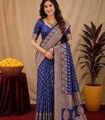 Blue art silk blend banarasi jacuard work saree with unstitched blouse piece