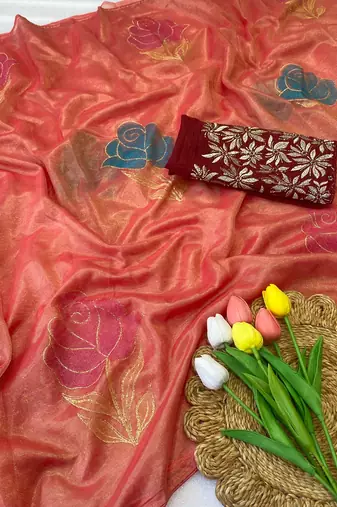 Gajari foil work twill net saree with blouse