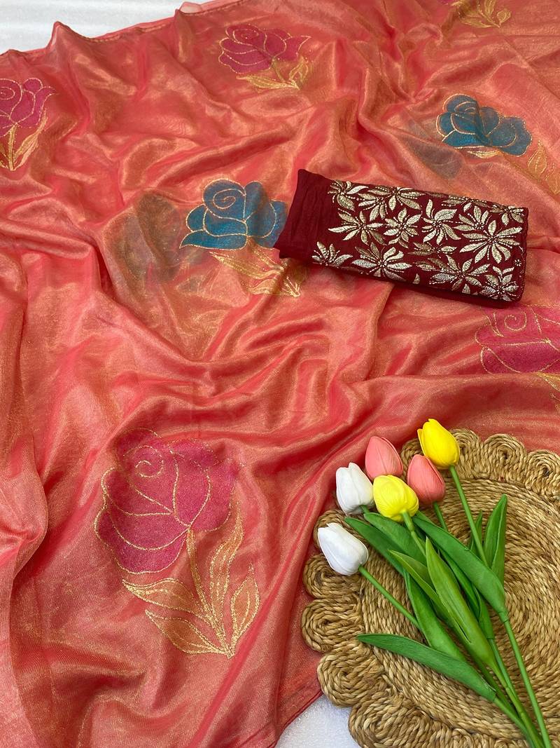 Gajari foil work twill net saree with blouse