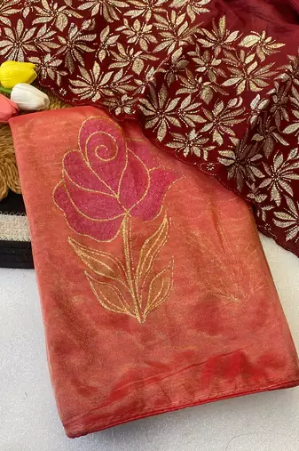 Gajari foil work twill net saree with blouse