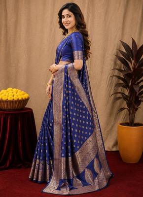Blue art silk blend banarasi jacuard work saree with unstitched blouse piece 2