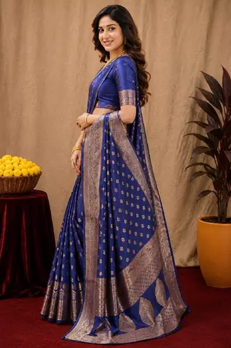Blue art silk blend banarasi jacuard work saree with unstitched blouse piece