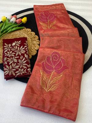 Gajari foil work twill net saree with blouse 3