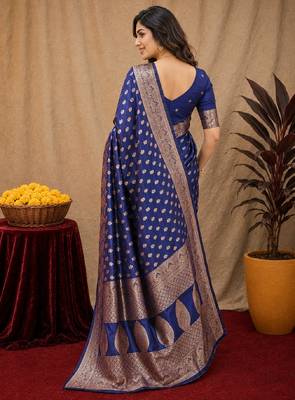 Blue art silk blend banarasi jacuard work saree with unstitched blouse piece 3