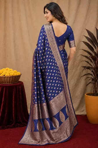 Blue art silk blend banarasi jacuard work saree with unstitched blouse piece