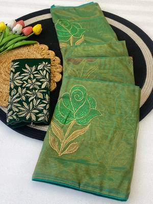 Pista foil work twill net saree with blouse 1