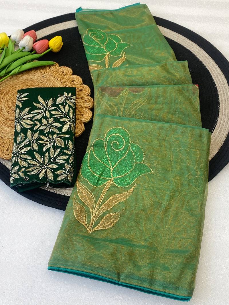 Pista foil work twill net saree with blouse