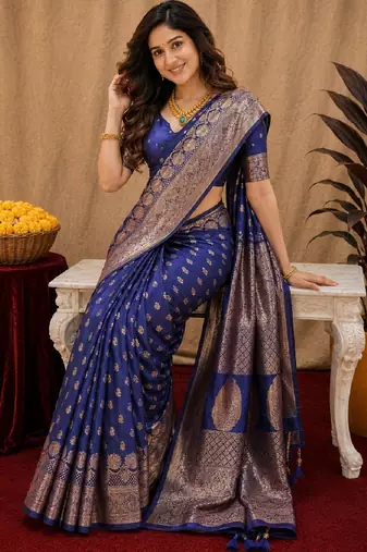 Blue art silk blend banarasi jacuard work saree with unstitched blouse piece
