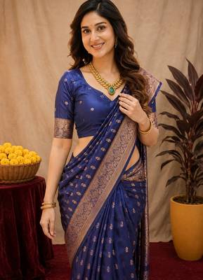 Blue art silk blend banarasi jacuard work saree with unstitched blouse piece 5