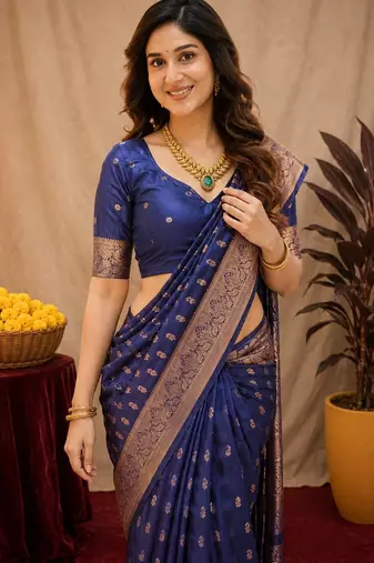 Blue art silk blend banarasi jacuard work saree with unstitched blouse piece
