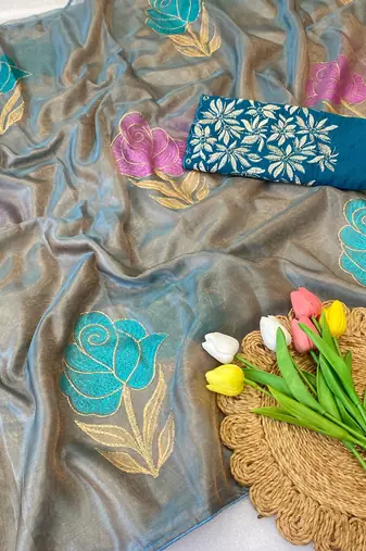 Sky blue foil work twill net saree with blouse