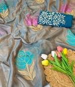 Sky blue foil work twill net saree with blouse