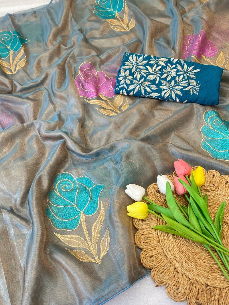 Sky blue foil work twill net saree with blouse