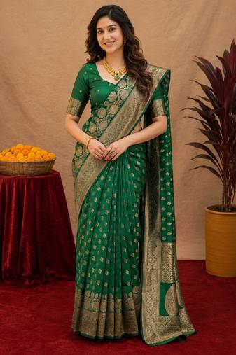Green art silk blend banarasi jacuard work saree with unstitched blouse piece