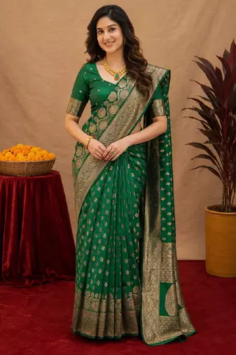 Green art silk blend banarasi jacuard work saree with unstitched blouse piece