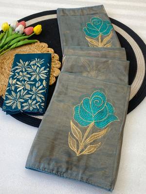 Sky blue foil work twill net saree with blouse 2