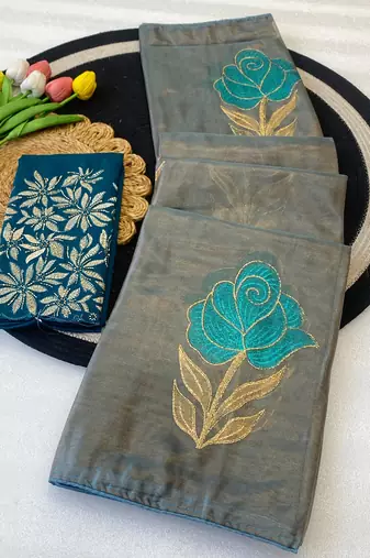 Sky blue foil work twill net saree with blouse