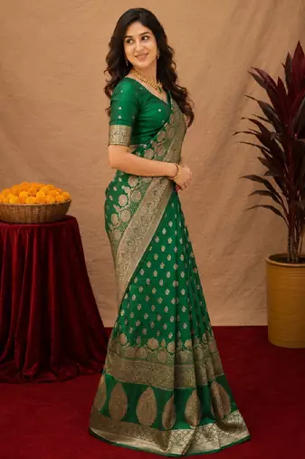 Green art silk blend banarasi jacuard work saree with unstitched blouse piece