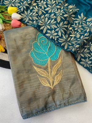 Sky blue foil work twill net saree with blouse 3