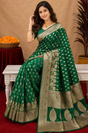 Green art silk blend banarasi jacuard work saree with unstitched blouse piece