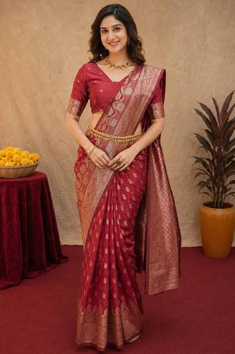 Red art silk blend banarasi jacuard work saree with unstitched blouse piece
