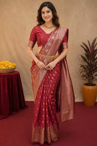 Red art silk blend banarasi jacuard work saree with unstitched blouse piece