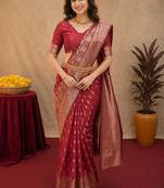 Red art silk blend banarasi jacuard work saree with unstitched blouse piece